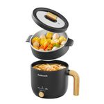 Audecook Electric Hot Pot with Steamer, 1.5L Portable Non-Stick Mini Multifunctional Cooker, Travel Electric Skillet with Dual Power Control for Ramen Noodles/Pasta/Egg/Soup/Oatmeal (Black)