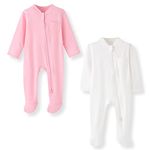 BINIDUCKLING Baby Boys Girls Double Zip Up Sleepsuit - Two-Way Zipper, Baby Footed Pajamas with Mitten Cuffs - Cotton Long Sleeve Onesie for Baby Grows 0-3 Month, Pink and Cream-White