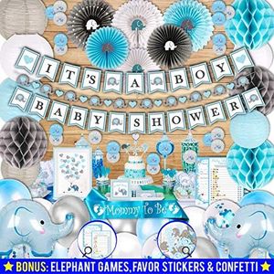 183 Piece Blue Elephant Baby Shower Decorations for Boy Kit - It's a BOY Pre-Strung Banners and Garland Guestbook Mommy to Be Sash Balloons Cake Toppers Paper Fans Lanterns, Games & Thank You Stickers