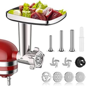 Metal Food Grinder Attachment for KitchenAid Stand Mixers, Kitchen aid Meat Grinder Included 3 Sausage Stuffer Tubes, 4 Grinding Plates, 2 Grinding Blades, Kubbe Meat Processor Accessories