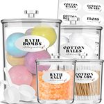 TIDIdea Bathroom Accessories Set - 4 Pack Acrylic Apothecary Jars with Labels&Scoops for Bath Bomb, Bath Salt, Qtip, Cotton Ball, Cotton Round - Ideal Bathroom Organizers And Storage Containers