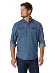 Wrangler Men's Iconic Denim Regular Fit Snap Shirt, Mid Tint Denim, Large