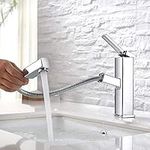 KAIYING Bathroom Sink Faucet with Pull Out Sprayer, Single Handle Kitchen Basin Mixer Tap for Hot and Cold Water, Lavatory Pull Down Vessel Sink Faucet with Rotating Spout,Brass (Regular, Chrome)