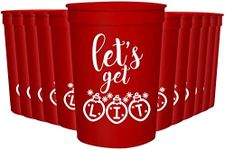 Let's Get Lit Christmas Party Cups - 16 oz Set of 12 Plastic Cups - Red Holiday Stadium Cups - Disposable Party Cups - Festive Plastic Cups - Christmas Cocktail Cups - For Kids & Adults