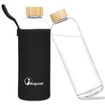 Bugucat Borosilicate Glass Water Bottle 1000ML, Reusable Water Bottle Glass with Protective Sleeves and Leak-Proof Lid, Glass Water Bottle 1 Litre Glass Drinking Bottle Ideal for Hot Cold Drinks,Black