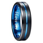 NUNCAD 6mm Black Band Rings for Men Women Blue Tungsten Carbide Wedding Engagement Band with Matte Finishe Size S