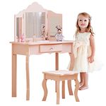 Girls Dressing Table with Mirror and Stool, Kids Wooden Vanity Table with Drawer and 3 Foldable Mirrors, Children's Makeup Desk for Age 3-12, Pink