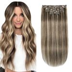 XDhair Clip in Hair Extensions Human Hair 120g 18Inch Brown with Blonde Balayage Clip in Hair Extensions Silky Straight Remy Hair Extensions(#4P27,18Inch)