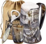 Viking Culture Ox Horn Mug, Shot Glass, and Axe Bottle Opener (3 Pc. Set) Authentic 500 ml. Ale, Mead, and Beer Tankard | Vintage Stein with Handle, Natural Finish | The Jarl