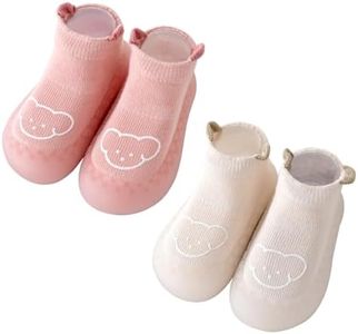 HOVELL Toddler Non-Skid Sock Shoes Baby Boys Girls Rubber Sole Indoor First Walking Slipper Sneaker Gifts for Newborn Infants Toddlers (Pink White Bear,Medium,18-24M)