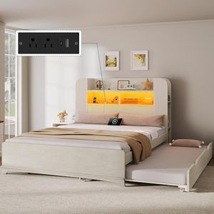 YITAHOME Beds with Trundle, Full Size Bed Frame with Bookcase Daybed Storage Headboard and Charging Station, RGB LED Lights Bed with Wooden Support for Bedroom, No Box Spring Needed, Noise Free, White