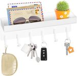 VIS'V Key Holder Wall Mount, Small Metal Key Rack with Tray Narrow Key Holder with Shelf Adhesive Key Hanger with 6 Key Hooks for Entryway Doorway Hallway Camper 2 Mount Options - Matte White