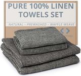 Linen Waffle Towels for Bathroom - 4-Piece 100% Linen Towel Set - 2 Bath and 2 Hand Towels - Black-Natural Thin Pre-Washed Lightweight Quick-Dry Absorbent - Made from European Natural Pure Flax