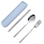 Portable Camping Silverware Set, 3PCS Stainless Steel Chopsticks Spoon Fork Travel Outdoor Flatware Set. Picnic Work Utensils Cutlery Set with a Wheat Straw Case (Silver)