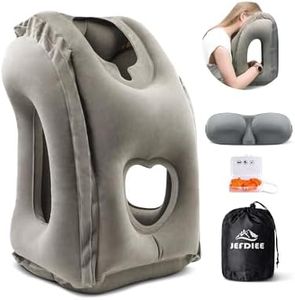 JefDiee Inflatable Travel Pillow, Airplane Neck Pillow Comfortably Supports Head and Chin for Airplanes, Trains, Cars and Office Napping with 3D Eye Mask, Earplugs and Portable Drawstring Bag (Grey)