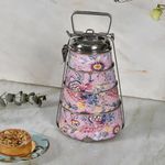 Elan Gingham & Blooms Stainless Steel Leak Proof 4 Tier/Compartment Lunch/Tiffin Box with Lid and Handle| Easy to Carry |Traditional Indian Lunch Box | Nude (Printed)