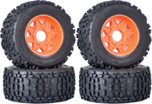 3.8" MT Monster Truck Tires with Foam Insert - 17mm/14mm/12mm Hex Adapters Included, Compatible with TRAXXAS Sledge, ARRMA KRATON, Outcast, Tamiya, HSP (Set of 4), Replacement Part of AR510092