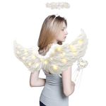 EliphonTowne Halloween White Angel Wings Costume - 3 PCS Light Up Angel Costume for Kids, Angel Wings, Magic Wand, Angel Halo, Halloween Christmas Party Fancy Costumes for Boy Girl Children