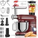 Fentic 6 en 1 Robot Pâtissier – 2000W - Av. Hachoir à Viande, Mixeur 1,5L, Cutter, Accessoires – Robot Cuisine Multifonctions Av. 6,2L Bol Mélangeur, Fouet, Crochet Pétrisseur, Batteur (Rouge)