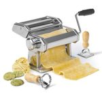 Starfrit Manual Stainless Steel Pasta Machine, 9 Adjustable Thickness Settings, Spaghetti & Fettuccine Cutting Attachment, Round & Square Ravioli Stamps