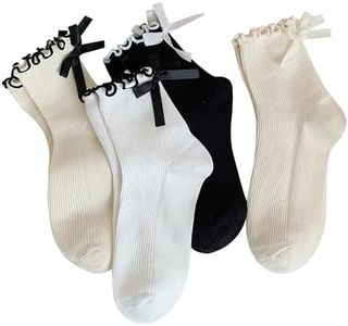 BonjourMrsMr Womens Bow Socks Ruffle Casual Crew Black Whitte Soft Breathable Cotton 4 Pairs Socks, A 4 Pairs, One Size