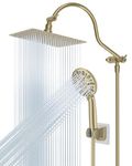 All Metal Shower Head,10'' High Pressure Rainfall Shower Head/Handheld Showerhead Combo with 12'' Adjustable Curved Shower Extension Arm, 7-Spray, 71'' Hose, Showerhead Holder, Brushed Gold