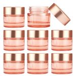 8 Pack 0.33 oz/10g Pink Glass Cream Jar,Face Lotion Jar Pot,Empty Refillable Glass Cosmetic Cream Bottle Container With Rose-Golden Cover,Inner Liners for Moisturizer,Eyeshadow,Makeup Emulsion