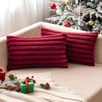 MIULEE Burgundy Throw Pillow Covers 12x20 Inch Set of 2 Soft Couch Pillow Covers with Velvet Back Faux Rabbit Fur Throw Pillows Decorative Home Decor for Sofa Bedroom Livingroom