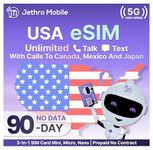 Jethro Mobile - eSIM USA for Canadian Travelers, Unlimited Talk & Text, Uses T-Mobile Network, 90 Days Service with Easy Activation and International Calling to Canada