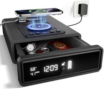 Smart Biometric Safe with Wireless Charging for Phone & Watch, 3 Access Methods to Unlock, Nightstand Drawer Safe LED Display with Humidity & Temperature Monitoring, Stopbox for Cash and Valuables