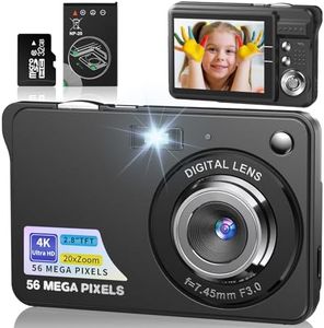 Appareil Photo Numérique 56MP 4K Compact Caméra Zoom Numérique 20X Digital Camera avec Carte de 32 Go pour Étudiant Adulte Débutant Cadeau (Noir)