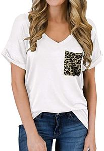 MIHOLL Women's Short Sleeve V-Neck Shirts Loose Casual Tee T-Shirt (Leopard- White, Medium)