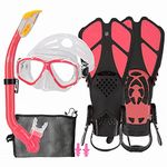 Kids Snorkeling Set with Fins Anti Leak Snorkeling Gear for Kids with Adjustable Flippers, Youth Junior Full Dry Snorkel Set Swimming Goggles with Nose Cover Diving Mask Scuba with Bag, 5-14 Yrs