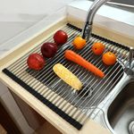 Frafuo Roll Up Dish Drying Rack Over The Sink Dish Drying Rack Stainless Steel Dish Drying Mat Kitchen Sink Drainer Foldable Dish Drying Rack for Kitchen Sink Accessories- Silicone Rims（43 * 41cm)