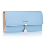 FT FUNTOR PU Leather Wallet for Women RFID Blocking Ladies Leaf Pendant Coin Zipper Long Purse with Multiple Card Slots and Card Holders Phone Pocket (Blue)