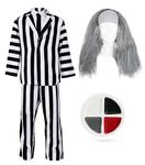 Adults Crazy Ghost Costume - X-Large - Black and White Striped Suit, Black Tie, Grey Wig - Mens Halloween Fancy Dress Costume