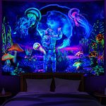 Heopapin Blacklight Astronaut Jellyfish Tapestry Trippy Mushroom Tapestry UV Reactive Fantasy Plants Wall Tapestry Psychedelic Neon Galaxy Space Tapestry Wall Hanging for Room W92×H70