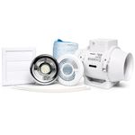 Airflow Aventa 100mm Timer In-Line Extractor Fan Kit with LED Lamp – Includes 6m Flex Duct, Ties, Chrome & White Grilles, External Grille – 2 Speed, Adjustable Timer - 3 Years Warranty