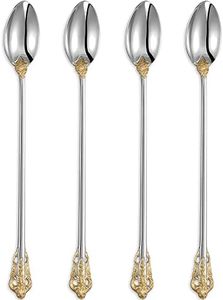 KEAWELL Luxurious 9 Inch Long Iced Tea Spoon Set - 4 Pieces - Gorgeous Design with Exceptional Mirror Polished Finish - 18/10 Stainless Steel- Perfect for Tall Glasses, Cocktails (Gold Accent)