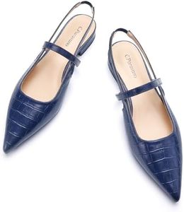 C.Paravano Crocodile-Embossed Women's Slingback Flats, Pointed Toe Kitten Heels, Low Heel Pumps, Ankle Strap Leather Dress Shoes for Office and Casual Wear(Size 10.5,Croc Navy Flats)