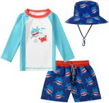 SGMWVB Toddlers and Baby Boys' 3-Piece Swimsuit Trunk Rashguard Set and Sun Hat Swimwear Bathing Suit Sunsuit Swim Shirt UPF 50+, Cute Shark, 18-24 Months