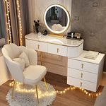 Large Vanity Desk Set with LED Lights, Makeup Vanity Table with Adjustable Cabinet and Cushioned Stool, 3 Lighting Modes, Dressing Table for Home Bedroom Studio ( Color : White+Gold , Size : 120cm/47i