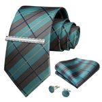 YAOFENG Plaid Grey Aqua Mens Ties Classic Necktie Handkerchief Cufflinks Tie Clips Gift Box Formal for Men Set