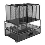 Amazon Basics Mesh Desk Organiser with Sliding Drawer, Double Tray and 5 Upright Sections, Black