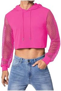 WDIRARA Men's Fishnet Mesh Long Sleeve Drawstring Crop Hoodie Sweatshirt Pullover Hot Pink Small