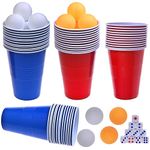 Faburo Plastic Party Cups - 60 Red Blue Disposable Cups, 10 Ping Pong Balls, 10 Dice, Pack of 60 Reusable Plastic Cups for Party Games Adult for American Games(16 oz, 480 ml)