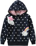 DDSOL Toddler Girl Zip Up Hoodie Dinosaur Jacket Hooded Heart Sweatshirt Fall Winter Kid Long Sleeve Shirt Pullover Top, 1# White Heart Unicorn/Dark Blue, 2 Years