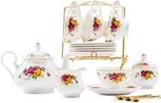 Daveinmic 22-Pieces Porcelain Tea Set,Vintage Floral Tea Gift Sets,Cups& Saucer Service for 6, with Spoons,Teapot,Sugar Bowl,Creamer Pitcher and Golden Metal Rack for Home&Party(Rose Flowers Set)