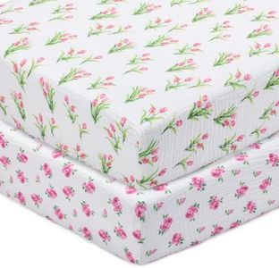 LollyBanks Muslin Crib Sheets 2 Pack, 100% Cotton Soft and Breathable Fitted Crib Sheet for Standard 52"x28" Mattress, Cozy Baby Bed Sheet for Girls, Baby Girl Nursery Decor (Tulip and Rose)