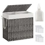 SONGMICS Laundry Basket with Lid, 130L Washing Basket 2 Compartments, Removable Liners with Handles, Handwoven Synthetic Rattan, for Bedroom, Bathroom, Laundry Room, 33 x 66 x 60 cm, Grey LCB253G01